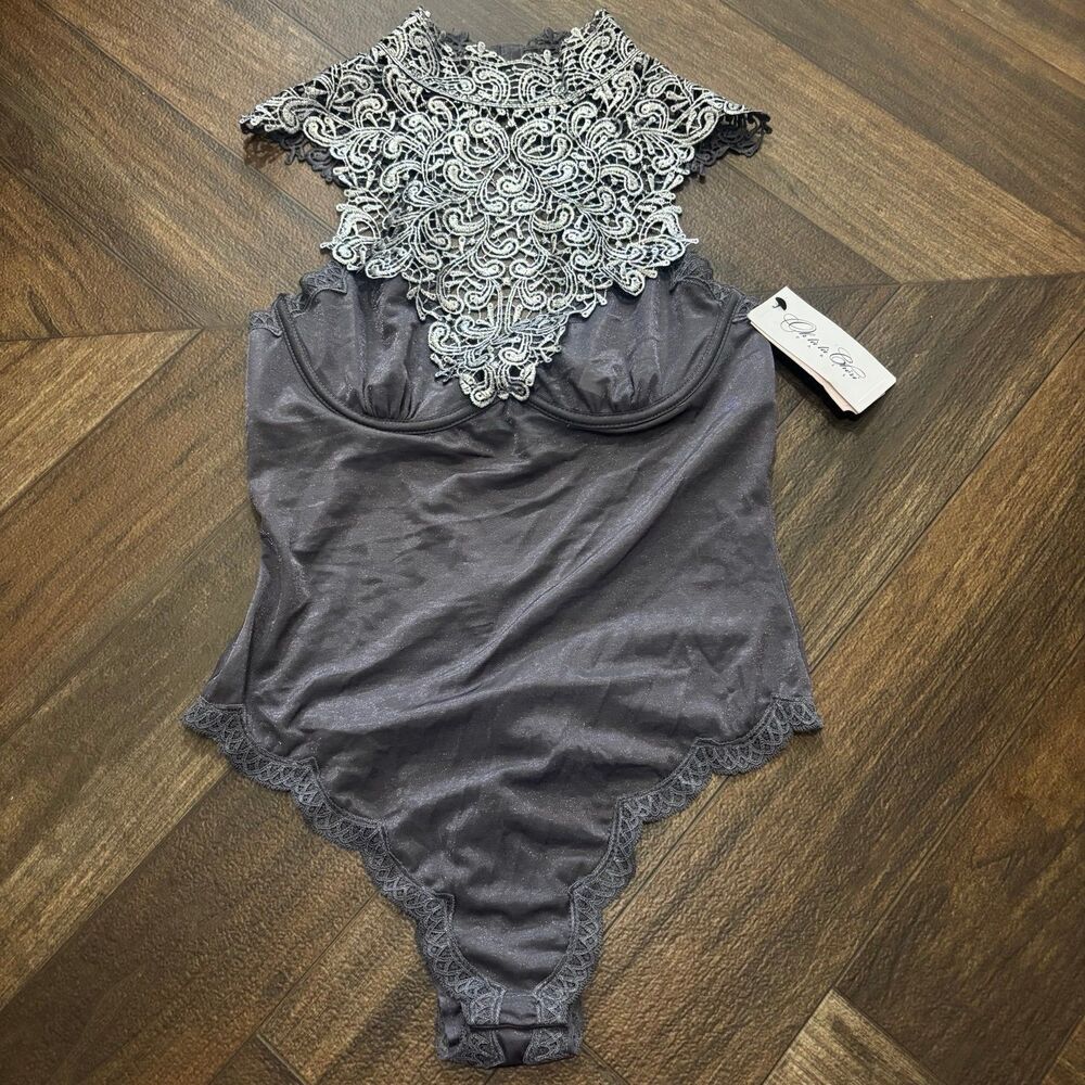 Oh La La Cheri Kaviar Excalibur Guipure Lace High Neck Teddy Bodysuit NWT